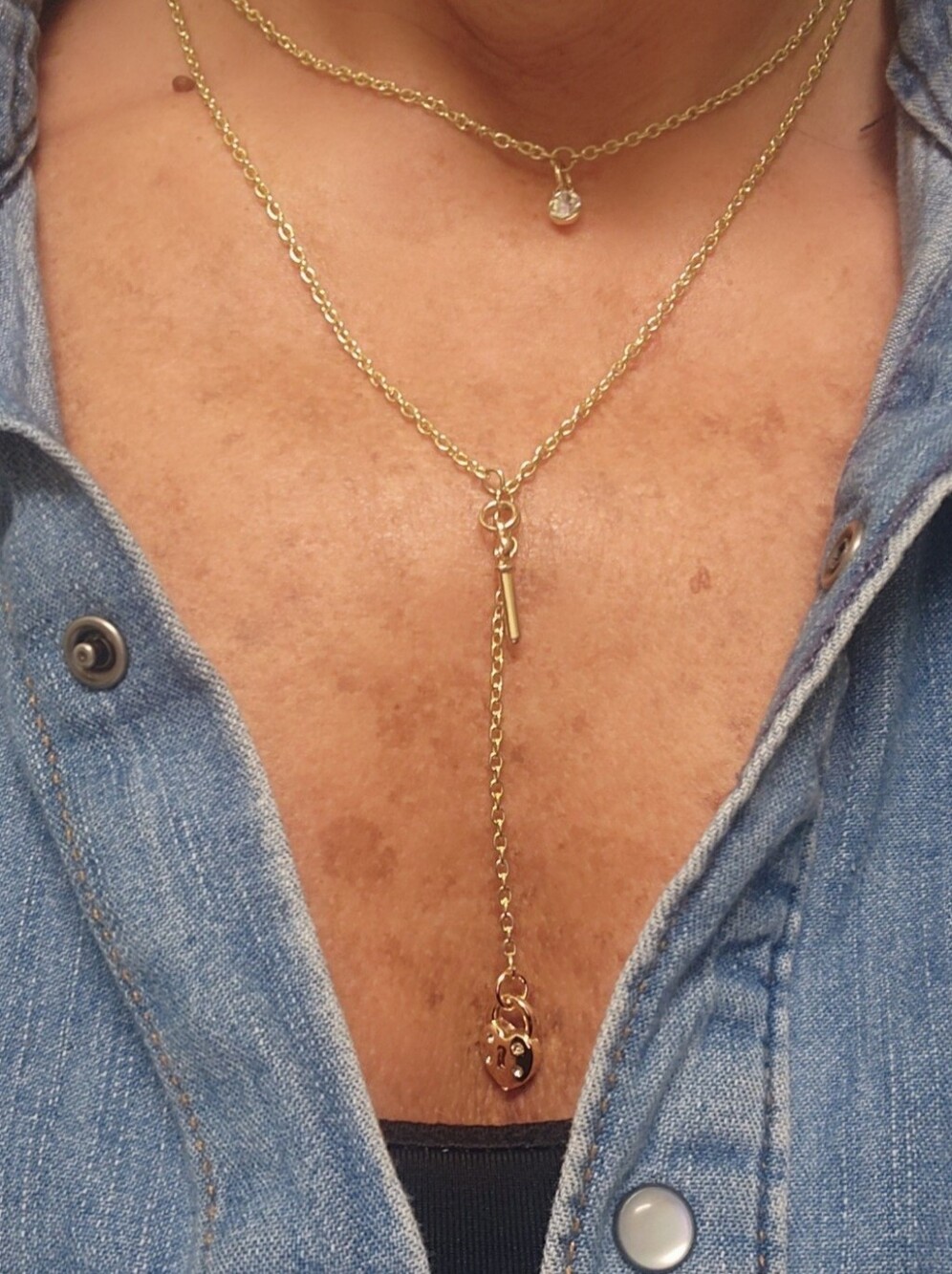 Gold Layered Lariat Necklace with Charm - Gold